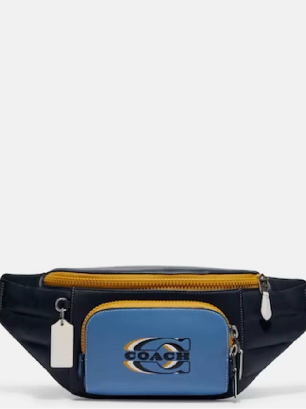Coach Black Leather Belt Bag with Blue Front Pocket and Yellow Zipper Trim